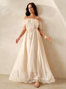 Aveloria Rosie Đầm maxi trễ vai thắt eo bằng ren chiffon màu mơ lãng mạn, gợi cảm, nhẹ nhàng cho buổi hẹn hò, đầm cưới thanh lịch, đầm dự tiệc sang trọng, phối ren kiểu Pháp cổ điển, đa năng cho kỳ nghỉ hè, dã ngoại và mặc thường ngày. - Màu be - Xem 3