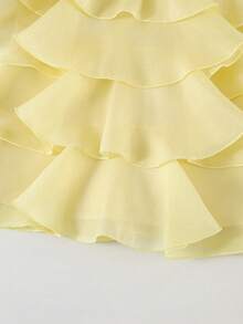 SHEIN Vestido de niña con cuello de volantes de varios niveles con decoración floral 3D de unicolor - Amarillo - Ver 4