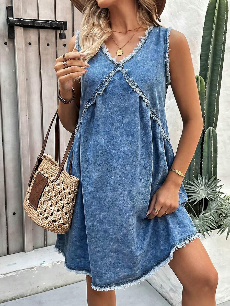 SHEIN Đầm denim không tay cổ chữ V dành cho bà bầu - Màu xanh lam - Xem 1