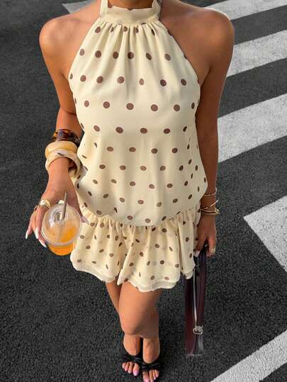  Siren Gaze Summer Women's Fashionable Versatile Yellow Polka Dot Print Halter Neck Tie Waist Double Ruffle Hem Mini Dress, Casual Everyday Wear Summer Yellow,Dresses For Women Elegant Spring,Summer Dress,Yellow Dress,Polka Dot  Dress,Summer Dress,Casual Dresses For Women,Vacation Outfits Women