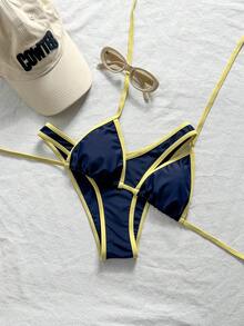 Swim SXY 女款夏季海灘拼接掛脖綁帶性感比基尼三角泳褲泳衣套裝 - 藏蓝色 - 查看 4