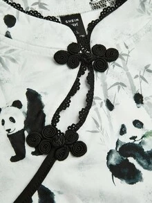 Sunspun 加大码中国风立领熊猫印花开衩下摆T恤 - 彩色 - 查看 7