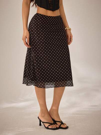 SHEIN PETITE Coffee Brown Mesh Polka Dot Women's Skirt