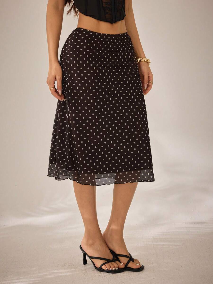 SHEIN PETITE 咖啡棕色网眼波点女裙 - 咖啡棕 - 查看 1