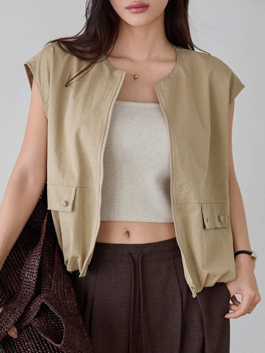 Dazy-Less Summer New Loose Casual Sleeveless Vest, Business Casual Style For Women - Khaki - View 1