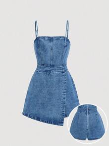 SHEIN MOD Quần yếm denim nữ và bộ áo liền quần có dây đeo, màu xanh dương. - Rửa trung bình - Xem 1