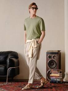 VeloEdit Khaki Color Men's Solid Color Tapered Pants, Fall Old Money, With Pocket & Drawstring, Basic, Father's Day Gift For Father & Boyfriend, Outfits For Men Summer - Khaki - View 7
