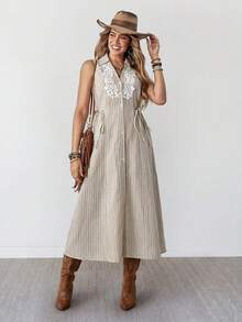 Wildy Women's White Summer Boho Holiday Vacation Dress,Western Country Stripe Embroidered Sleeveless Tie Waist Dress,Casual Beach Vacation Music Festival - Apricot - View 4