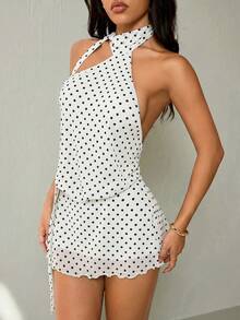PETITE Vestido con estampado de lunares, escote halter asimétrico y espalda descubierta para mujer - Blanco - Ver 4