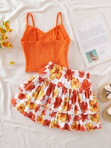 SHEIN Setelan 2 Potong Atasan Camisole Rajut Warna Polos dan Rok Mini Motif Bunga Kecil untuk Anak Perempuan Remaja - Jeruk - View 5