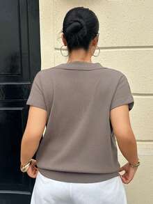 Dazy Plus Blusa de punto holgada de unicolor con cuello medio abierto y manga corta, adecuada para primavera y verano, talla grande - Gris - Ver 2
