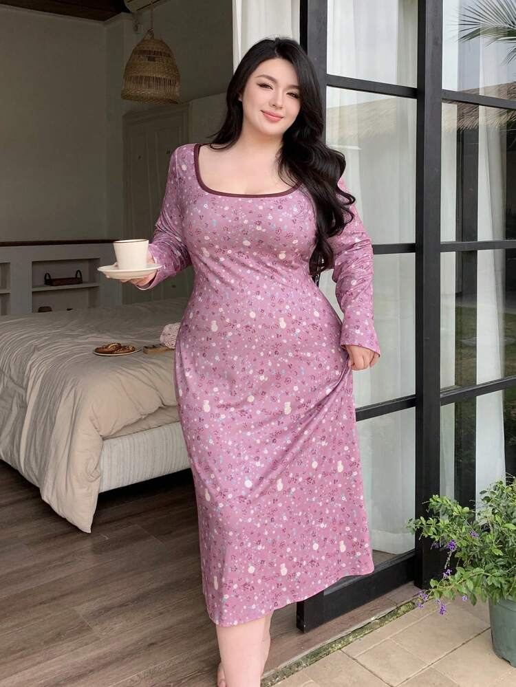 Dazy Plus Plus Size Women's Ditsy Floral Colorblock Square Neck Long Nightgown, Elegant Spring/Summer Sleepwear