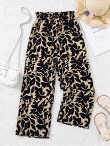 SHEIN Tween Girls' Loose Casual Ruffle Hem Leaf Print High Waist Wide Leg Pants - Black and White - View 3