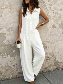 SHEIN Holidaya Europäisch-amerikanischer Mode Kragen Dekorknopf Design ärmellose locker sitzende lässig Damen Jumpsuit, Damen Frühlings- und Sommer Jumpsuit, ärmellose Bluse, Frühlings-Kleidung, Sommer-Outfit, Urlaub, Ausflug, Y2K, Frühling, Sommer, Schulanfang, lässig, Strand, Business, vielseitig, sexy, Damen Weiß Jumpsuit - Beige - Übersicht 8