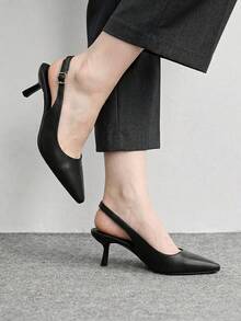 CUCCOO BIZCHIC Zapatos de mujer de tacón bajo, versátiles y cómodos, con correa trasera, elegantes, de punta fina, de tacón alto para banquetes en color negro - Negro - Ver 3