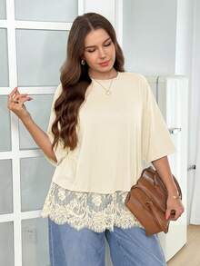 SHEIN LUNE Plus Size Women Round Neck 3/4 Sleeve Contrast Lace Loose T-Shirt - Beige - View 6