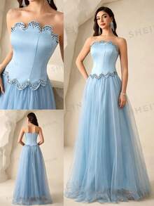 Coutiva Women's Rhinestone Embellished Mesh Patchwork Maxi Formal Gown (Heavily Embellished) - Baby Blue - View 4