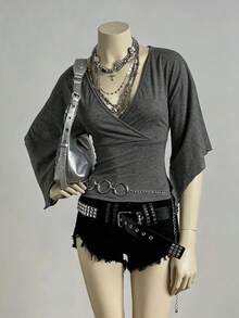 EgrlEra Camiseta de punto vintage ajustada con cuello en V profundo sexy para mujer - Gris Oscuro - Ver 3