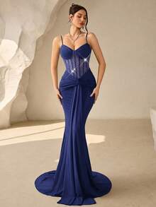 Coutiva Women's Elegant Rhinestone Pleated Ruffle Mermaid Hem Formal Evening Gown - Navy Blue - View 11