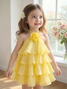 SHEIN Vestido de niña con cuello de volantes de varios niveles con decoración floral 3D de unicolor - Amarillo - Ver 2