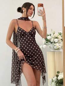 Aloruh Vestido mini con estampado de lunares sexy y de moda para mujer - Marrón - Ver 6