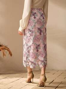 Anewsta Elegant Romantic Vacation Colorblock Floral Lace Patchwork Slim Fit Straight Skirt For Women, Spring/Summer - Pink - View 7