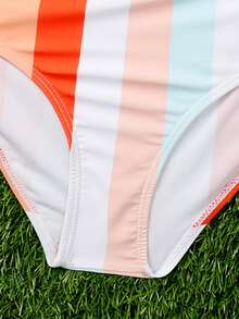Tween Girl Colorblock Tape Detail Bikini Set Summer Beach - Orange - View 4