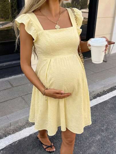 Lyckli Maternity Jacquard Pleated Square Neck Casual Party Dress