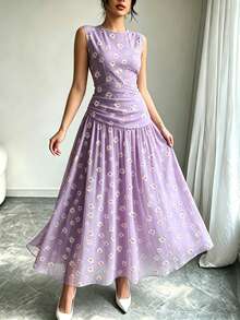 Modelyn Đầm không tay kiểu Pháp in hoa hồng, đầm dài nữ cổ khoét sâu, thiết kế xếp ly ở eo, đầm màu tím nhạt họa tiết hoa, phong cách nghỉ hè, trang phục thanh lịch mặc hàng ngày. - Nhiều màu - Xem 5
