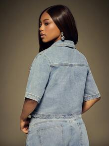 Denimoi Áo denim lửng dáng hộp có túi nắp - Rửa nhẹ - Xem 5