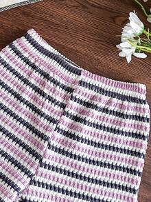 SHEIN Baby Girls' Round Neck Sleeveless White & Pink Striped Bow Decor Set - Purple - View 4
