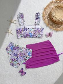 SHEIN 少女三件套比基尼，针织面料，碎花露脐上衣，胸部褶皱设计，肩带可调节；碎花三角泳裤；雪纺纱笼裙，饰有蝴蝶结；适合夏季度假、海滩、游泳池、派对等场合。 - 紫色 - 查看 2