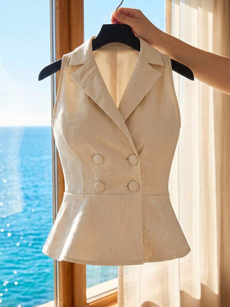 Women's Textured Solid Color Fitted Waist Lapel Double-Breasted Elegant Summer Vacation Camisole