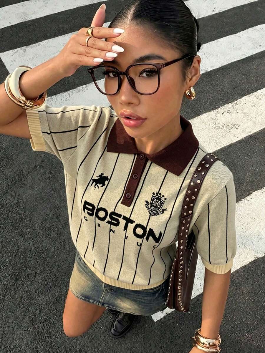 Muchica 女士休闲条纹Polo领短袖针织衫,春假穿搭,女士户外衬衫,可爱学院风上衣,可爱短袖衬衫,条纹上衣,条纹衬衫 - 彩色 - 查看 1