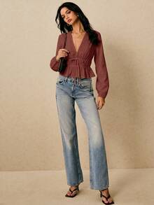 Poéselle Women's Casual Versatile Solid Color Cinched Waist Shirt,Summer Top - Redwood - View 2