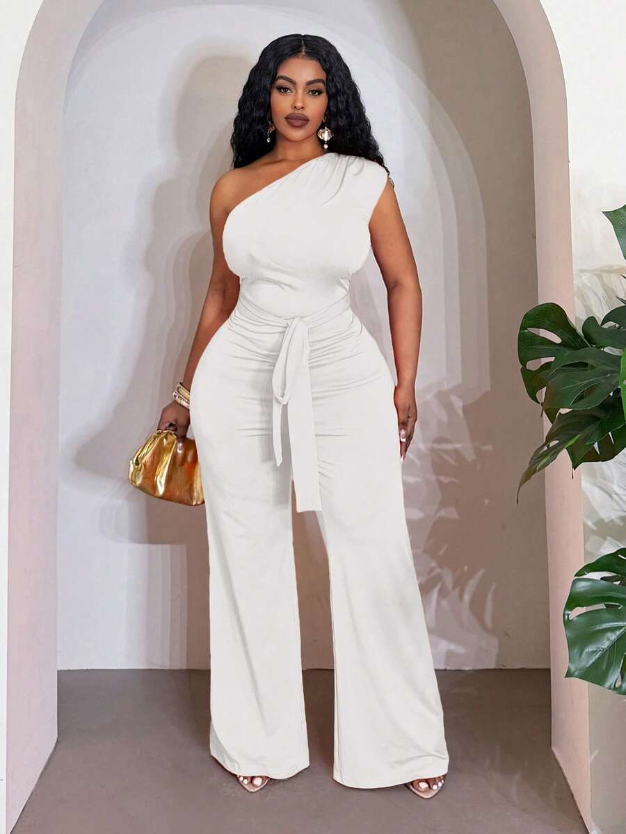Slaydiva White, Summer, Elegant, Party Plus Size Women Chic Ruched Jumpsuit, One Shoulder Design With Fashionable Waist Belt, Commute & Casual Birthday Graduation Wear