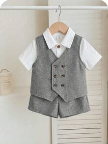 Conjunto de moda de chaleco de doble botonadura de unicolor y pantalones cortos para bebé niño, adecuado para banquetes, bodas y múltiples ocasiones - Gris Claro - Ver 3