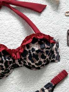 Soleia Women's Summer Vacation Beach Leopard Print Ruffled Halter Bikini Set - Multicolor - View 4