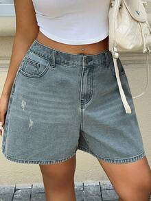 Dazy Plus Quần jeans ống đứng ngắn lửng màu xanh dương bạc màu, phong cách đường phố, cỡ lớn dành cho nữ, mùa xuân/hè. - Rửa nhẹ - Xem 7