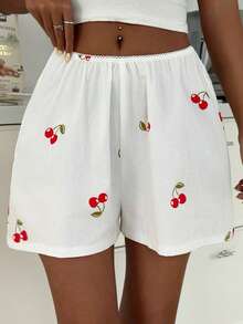 DAZY Women's 100% Cotton Cherry Print Loose Pajama Shorts, Summer - White - View 8