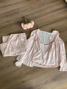 Dazy Plus 3pcs/Set Cute Ditsy Floral Contrast Trim Plus Size Women Pajama Set, Suitable For Spring, Summer, Autumn - Baby Pink - View 3
