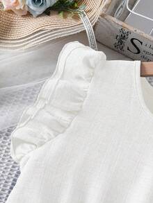 SHEIN Sparklyn 1件青少年女孩白色夏季可愛優雅度假款竹纖維亞麻圓領荷葉袖雷射鏤空下擺修身洋裝，時尚新款休閒 - 白色 - 查看 5