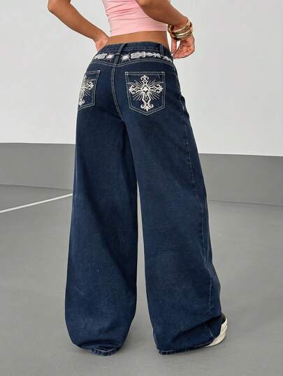 StreetHx Women's Cross Pattern Loose Wide Leg Casual Jeans