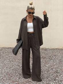 DAZY Autumn/Winter New Loose Casual Striped Women 2 Pieces Set - Coffee Brown - View 5