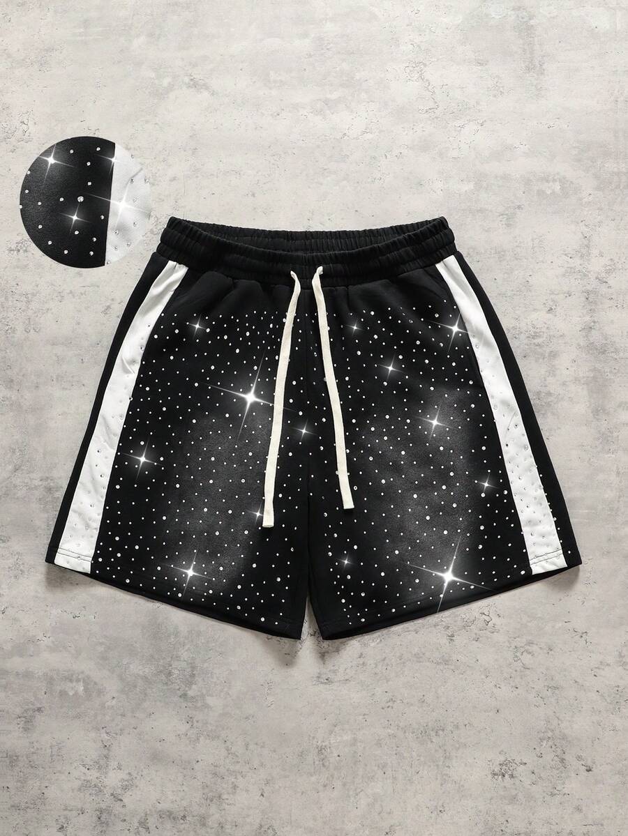 ROMWE MEN Pantaloncini da uomo con colori a contrasto, patchwork, strass e lavaggio - Bianco e nero - Visualizzare 1