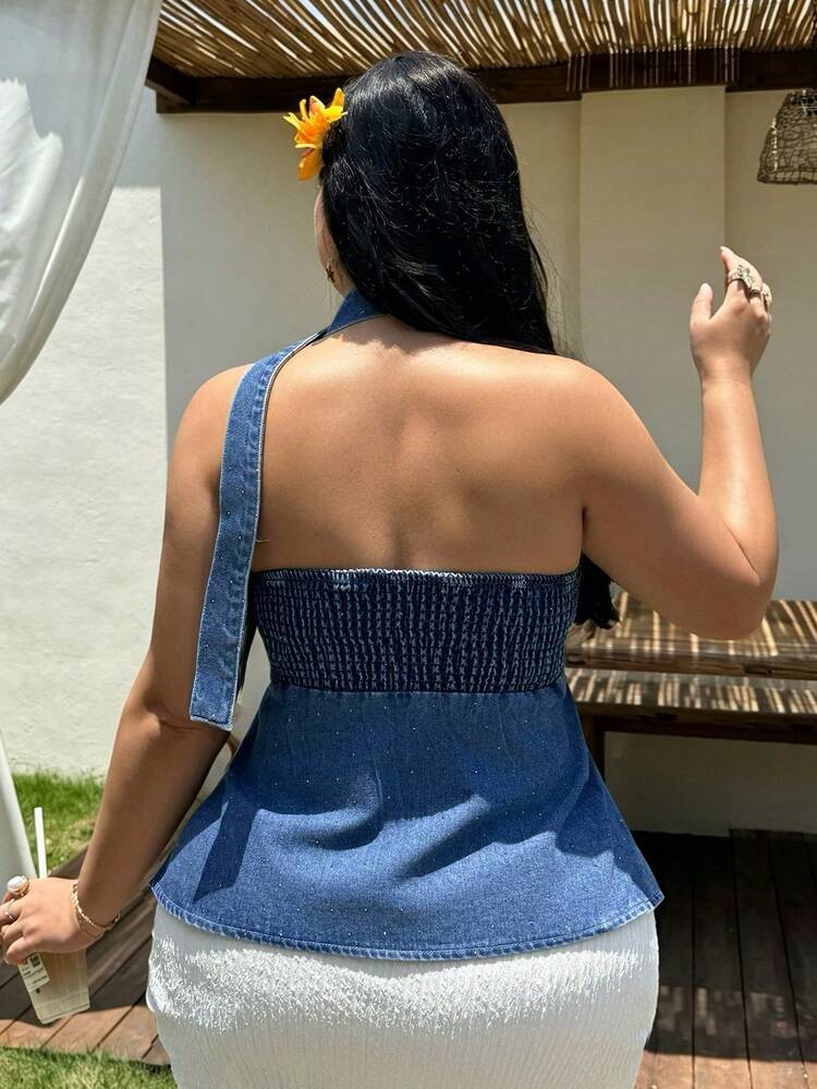 Dazy Plus Elastic Fitted Rhinestone Decor Sexy Bare Midriff Waist Cinching Denim Halter Top, Elegant Plus Size Women Spring/Summer Outerwear