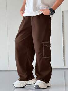 SHEIN 1pc Tween Boy Casual Sports Retro Straight Work Trousers With Pockets And Contrast Line For School,Back-To-School,Winter,All Shades Of Brown,Casual - Brown - View 3