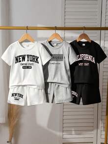 3 sets/6 piezas Conjunto de camiseta de manga corta con estampado de eslogan y pantalones cortos casuales para niños, adecuado para uso diario, vacaciones, deportes, verano - Blanco y Negro - Ver 3