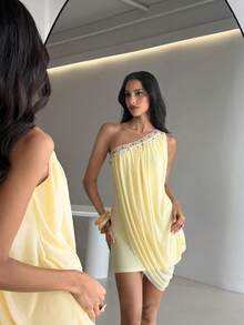 Aloruh Women's Elegant Solid Color Asymmetrical Shoulder Mini Dress, Casual Holiday Apricot Dress - Apricot - View 6