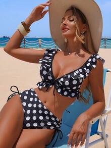Swim Lushoire Conjunto de bikini de 2 piezas para mujer con estampado aleatorio de lunares, volantes, tirantes con lazo y escote en V, para verano - Blanco y Negro - Ver 4